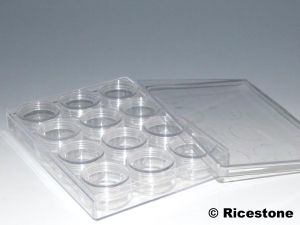 1a) Coffret plastique de rangement + 12 boites Ø 3,9 x 2,2 cm