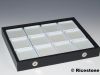 3d) Coffret de gemmologie et boîtes dessus verre 5x5cm.
