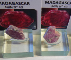 Socle pour minéraux en verre de 22 x 22 mm avec des rubis de Madagascar