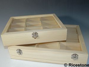 1a) Coffret bois naturel<BR>24x28x6cm, 9 compartiments
