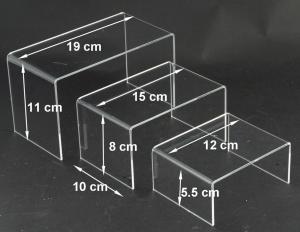 Dimension des 3x présentoirs volume acrylique.