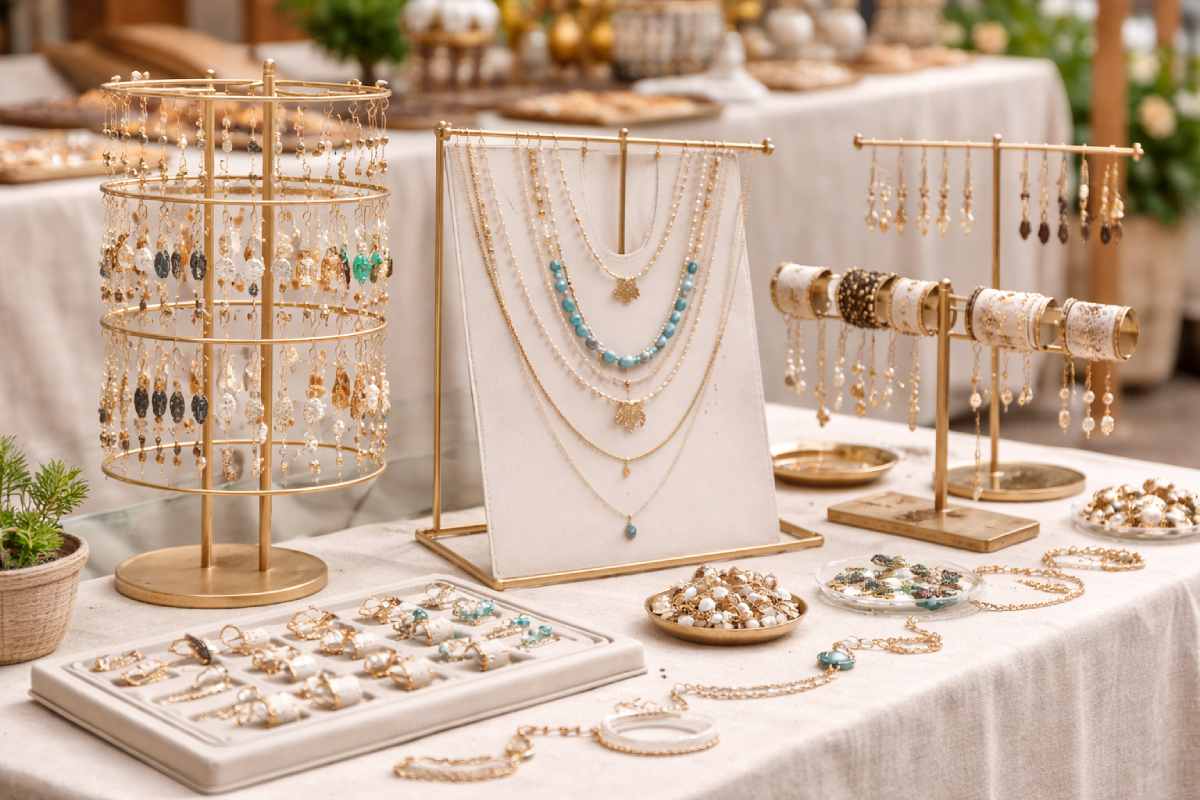 pr&eacute;sentoir m&eacute;tallique pour bijoux sur un march&eacute;