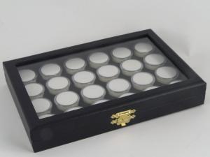 Coffret de gemmologie vitré avec 24 boites tout plastique pour pierres gemmes tendres