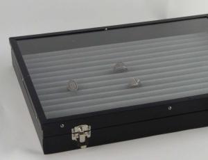 Coffret 26x36 cm intrieur rouleaux gris pour bagues, cadre vitre noir