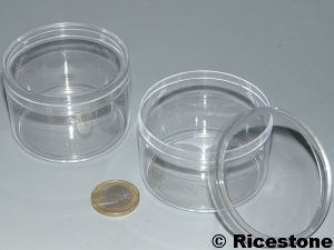 4b) 12x Boites Plastique ronde transparente Ø62 x 42 mm.