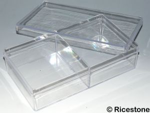 7b) Boite Plastique transparente 23x13.2cm, 2 compartiments.