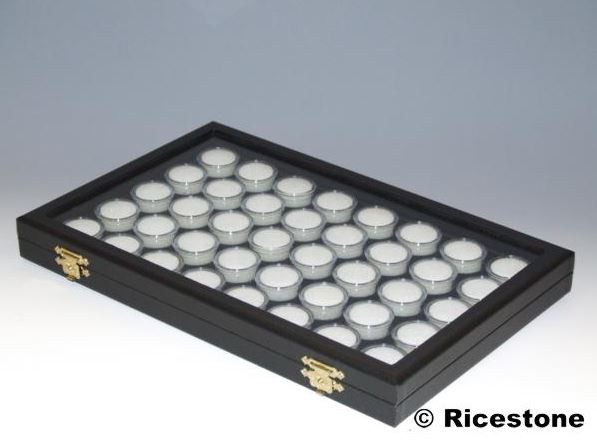 Coffret vitré avec 40 boites ronde pour pierres taillées - CPTR40V