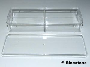 4b) Boite Plastique transparente 19 x 7cm, 2 compartiments.