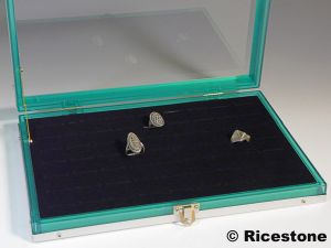 1b) Coffret 63 bagues, écrin à bijoux corps Vert, 20x30 cm.