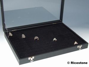 7d) Coffret vitré pour 120 bagues, 26x36 cm.