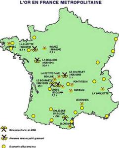 Carte de France de mines d'or
